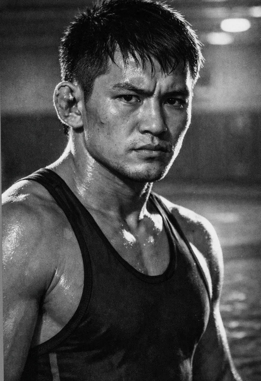 Serious young man in a sleeveless athletic top indoors.