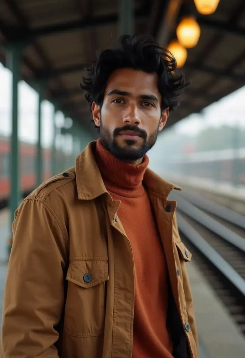 South Asian man with wavy black hair in a rust turtleneck at a train station.