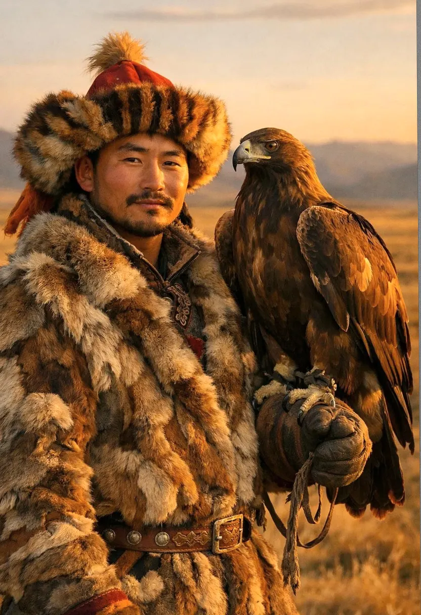 Bearded man in a fur coat and hat holding a large eagle outdoors at sunset.