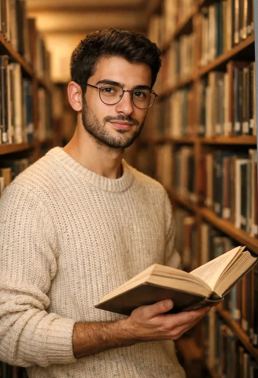 Young man with glasses in a beige knitted sweater holding an open book in a library aisle.