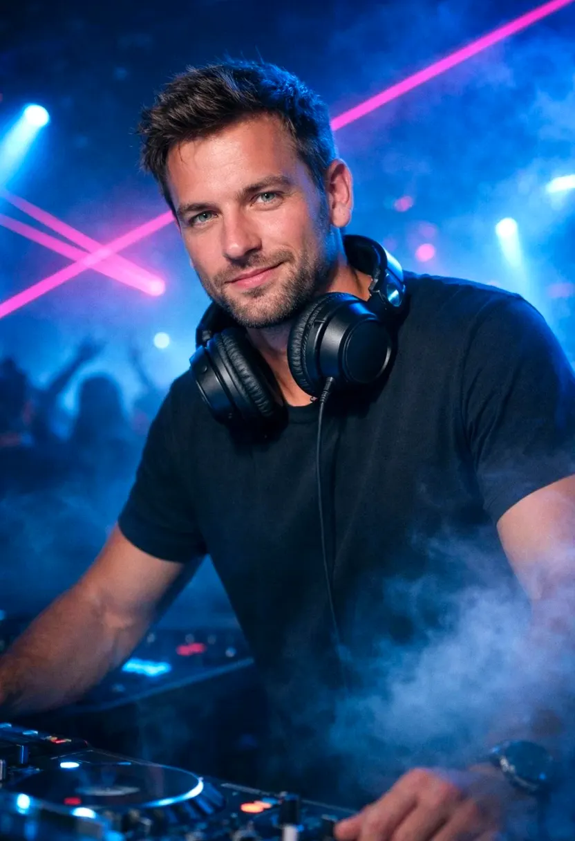 Young man in a black T-shirt with headphones around his neck DJing in a club.