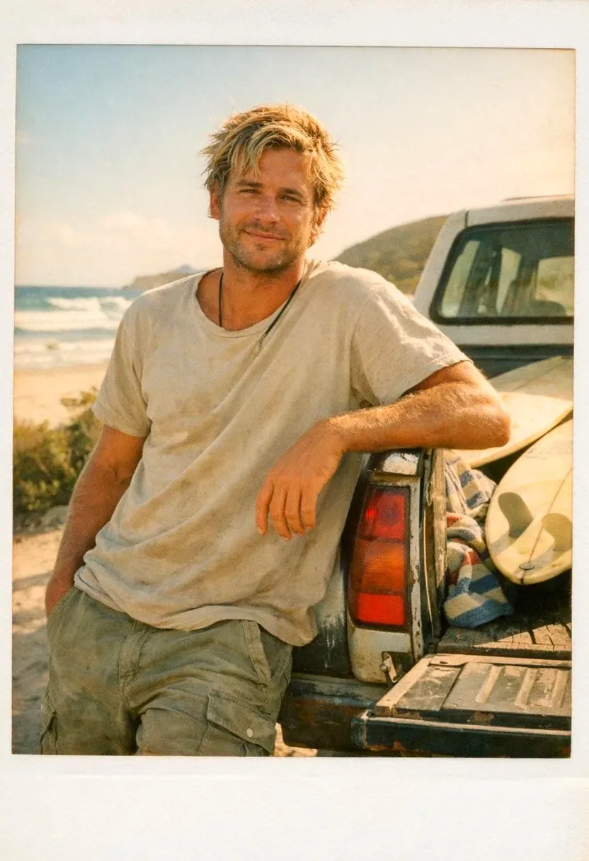 Blond young man leaning on a pickup truck with a surfboard at the beach.