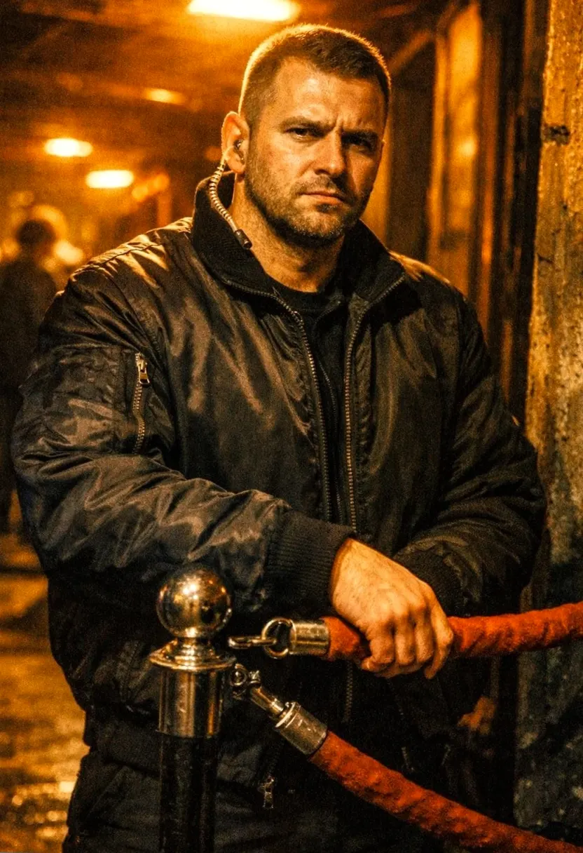 Serious man in a black jacket with an earpiece in a dim indoor venue.