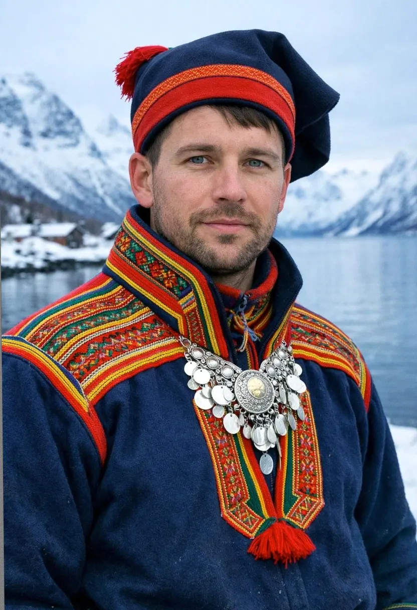 Man in traditional Sami clothing by a snowy mountain lake.