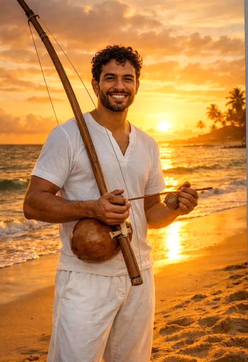 Young bearded man in white clothing holding a traditional string instrument on a beach at sunset.