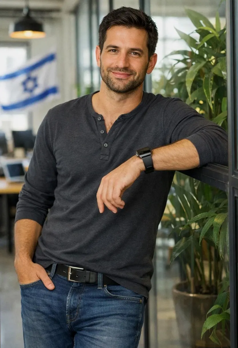 Bearded man in a dark henley leaning against a glass wall in an office.