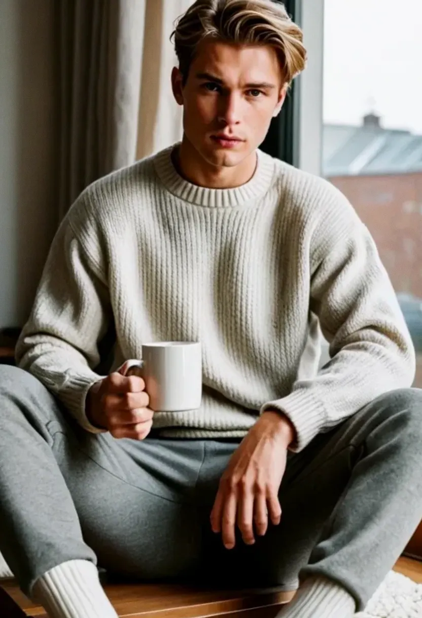 Blond young man in a beige sweater sitting by a window with a mug.