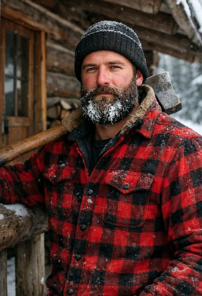 Bearded man in a checkered flannel and black beanie outside a snowy cabin.