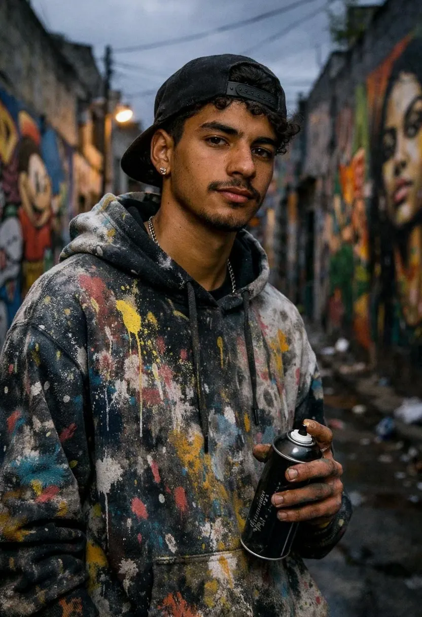 Young man in a backward black cap and paint-splattered hoodie in a graffiti alley.