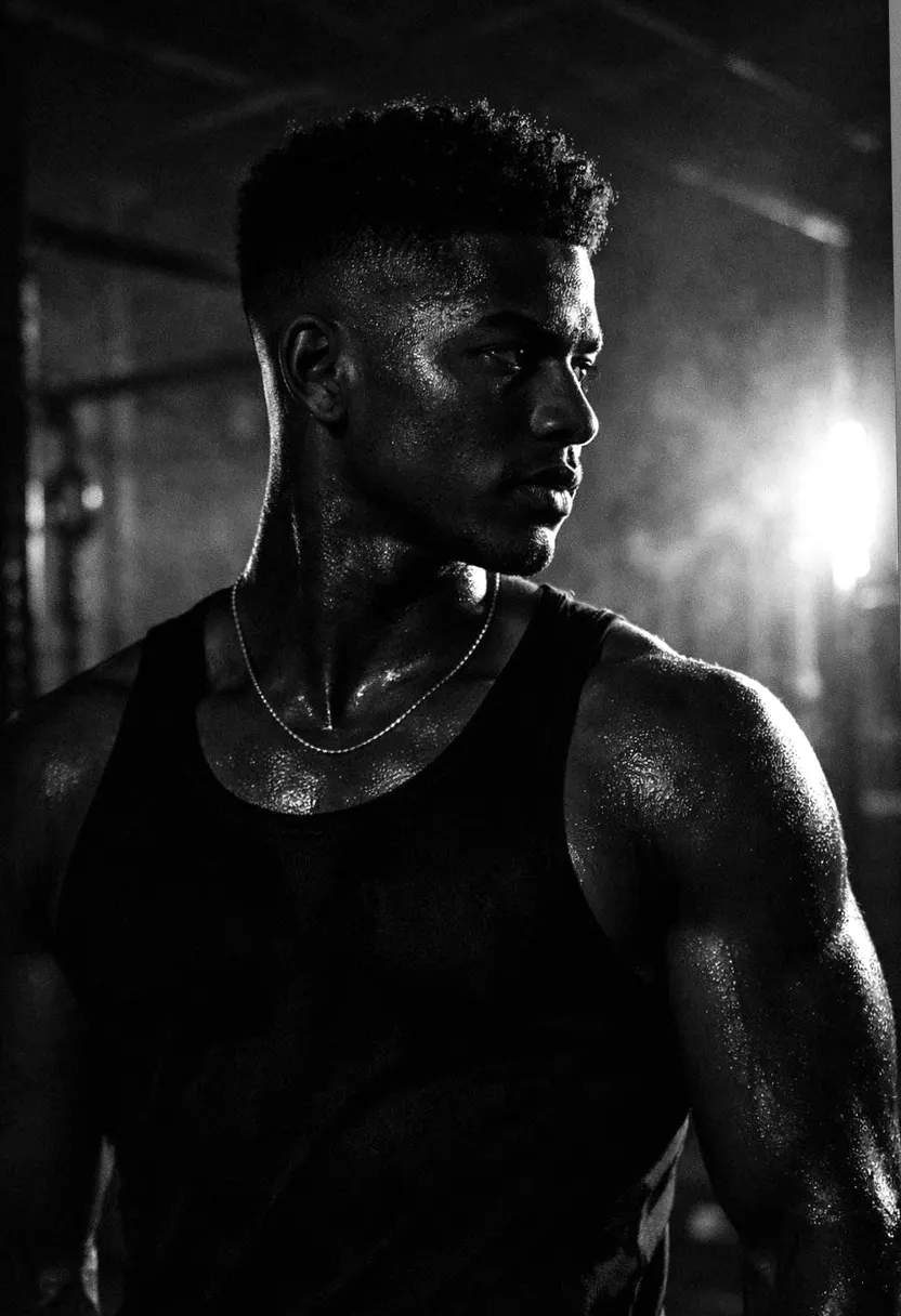 Muscular young man in a black sleeveless athletic shirt at the gym.