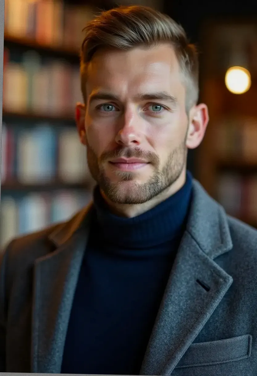 White man with neatly parted dark blond hair in a navy turtleneck inside a bookshop.
