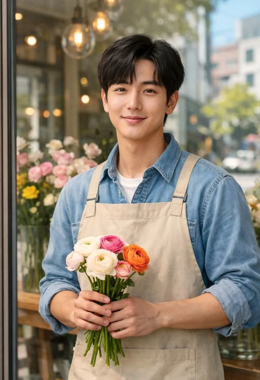 Young florist in a denim shirt and beige apron holding a colorful bouquet.
