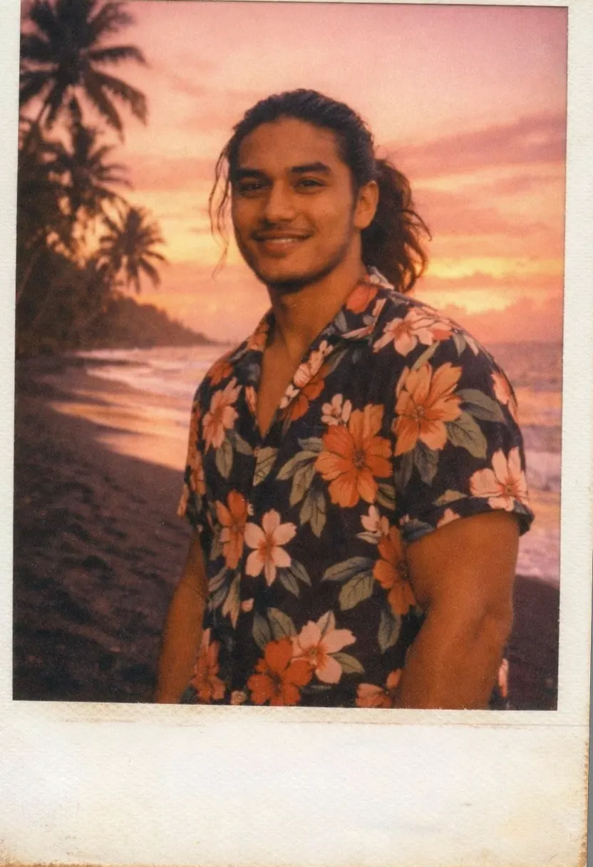 Long-haired man in a floral shirt on a beach at sunset.