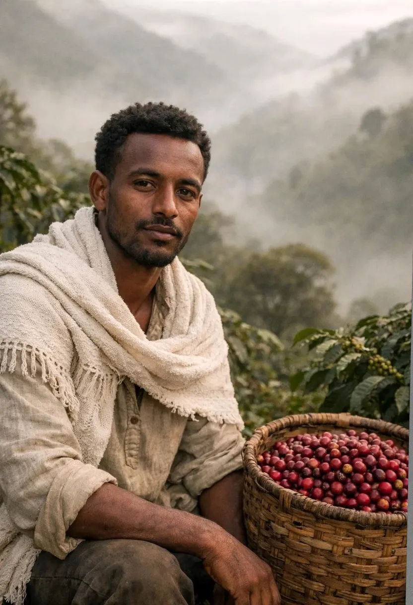 Young man with short curly hair beside red coffee cherries in a misty plantation.