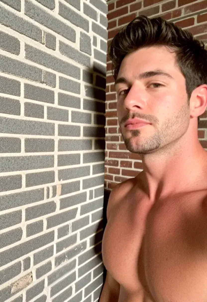 Young man with short dark hair taking a selfie by brick walls.