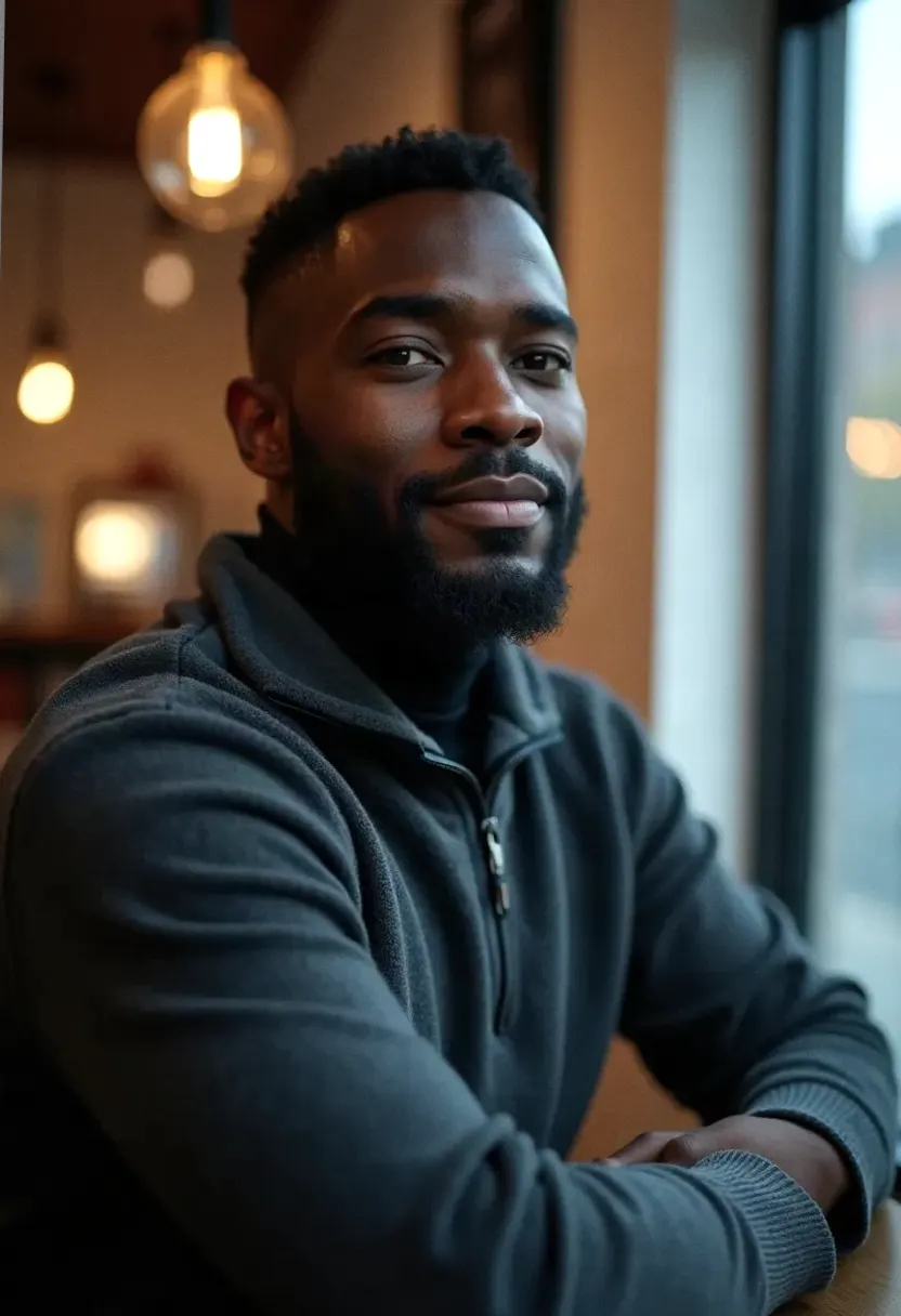 Black man with a short beard in a charcoal quarter-zip near a hospital cafe window.