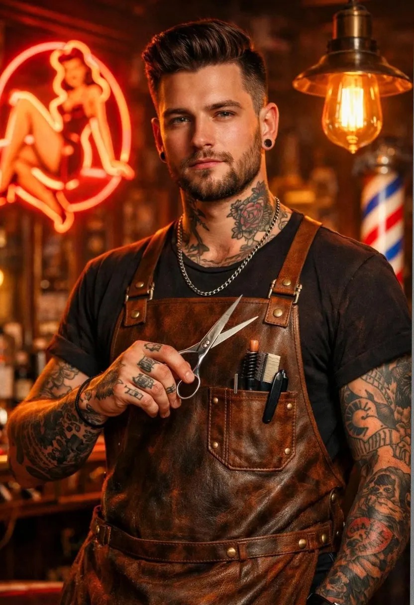 Tattooed barber in a black shirt and leather apron in a warm barbershop.