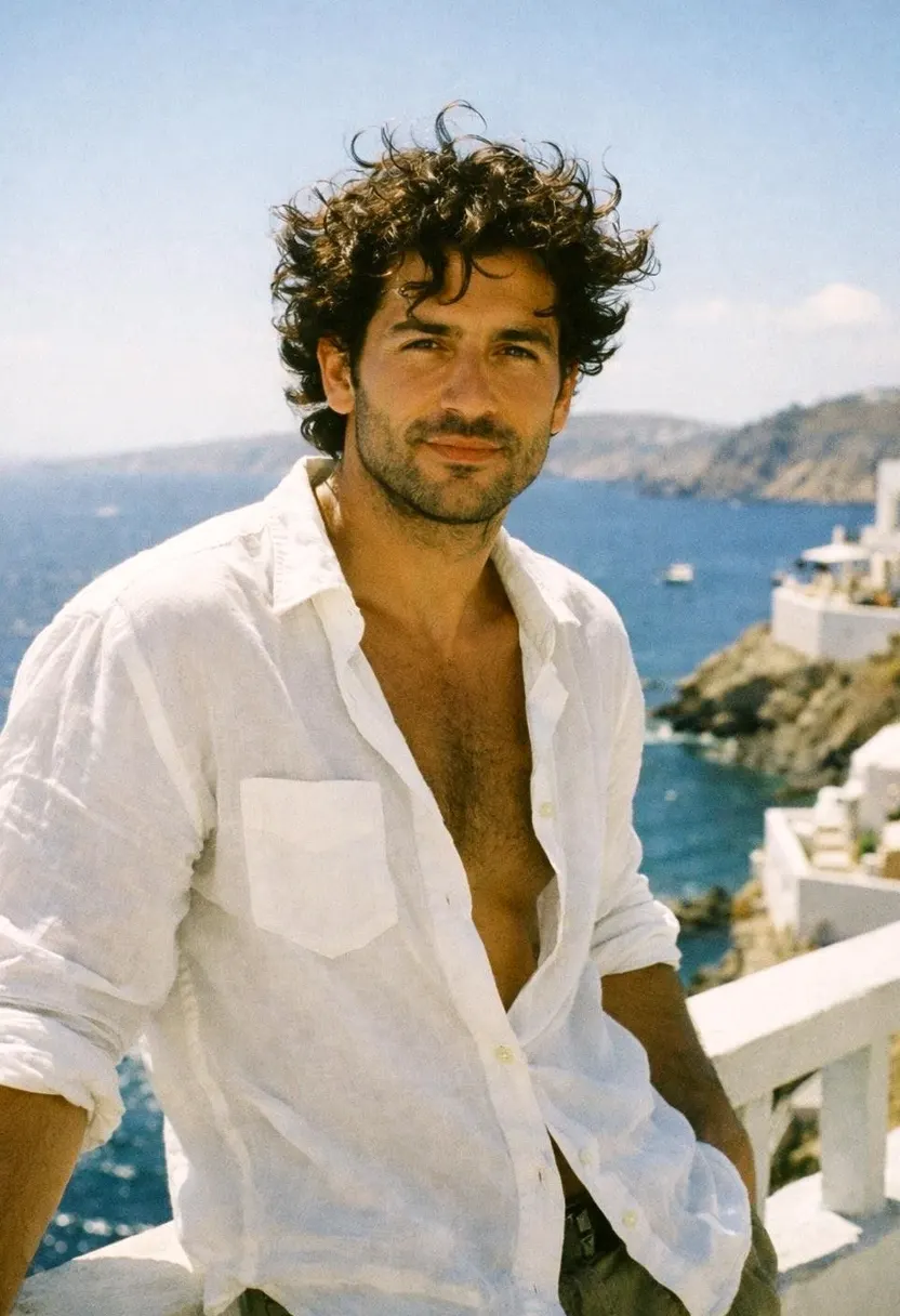 Curly-haired man in an unbuttoned white shirt by a seaside railing.
