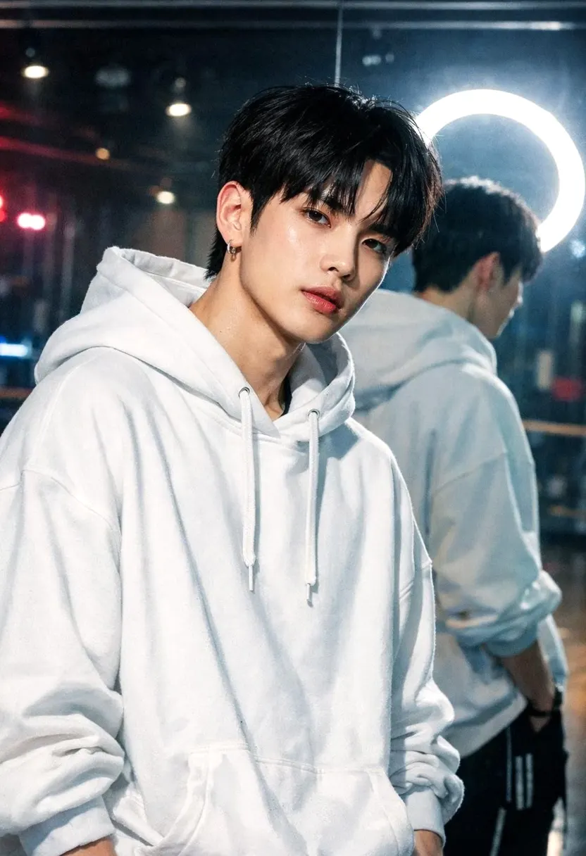 Young man in a white hoodie indoors with a mirror and ring light.