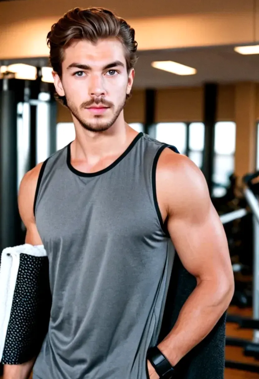 Young man with a light beard holding a yoga mat in a gym.