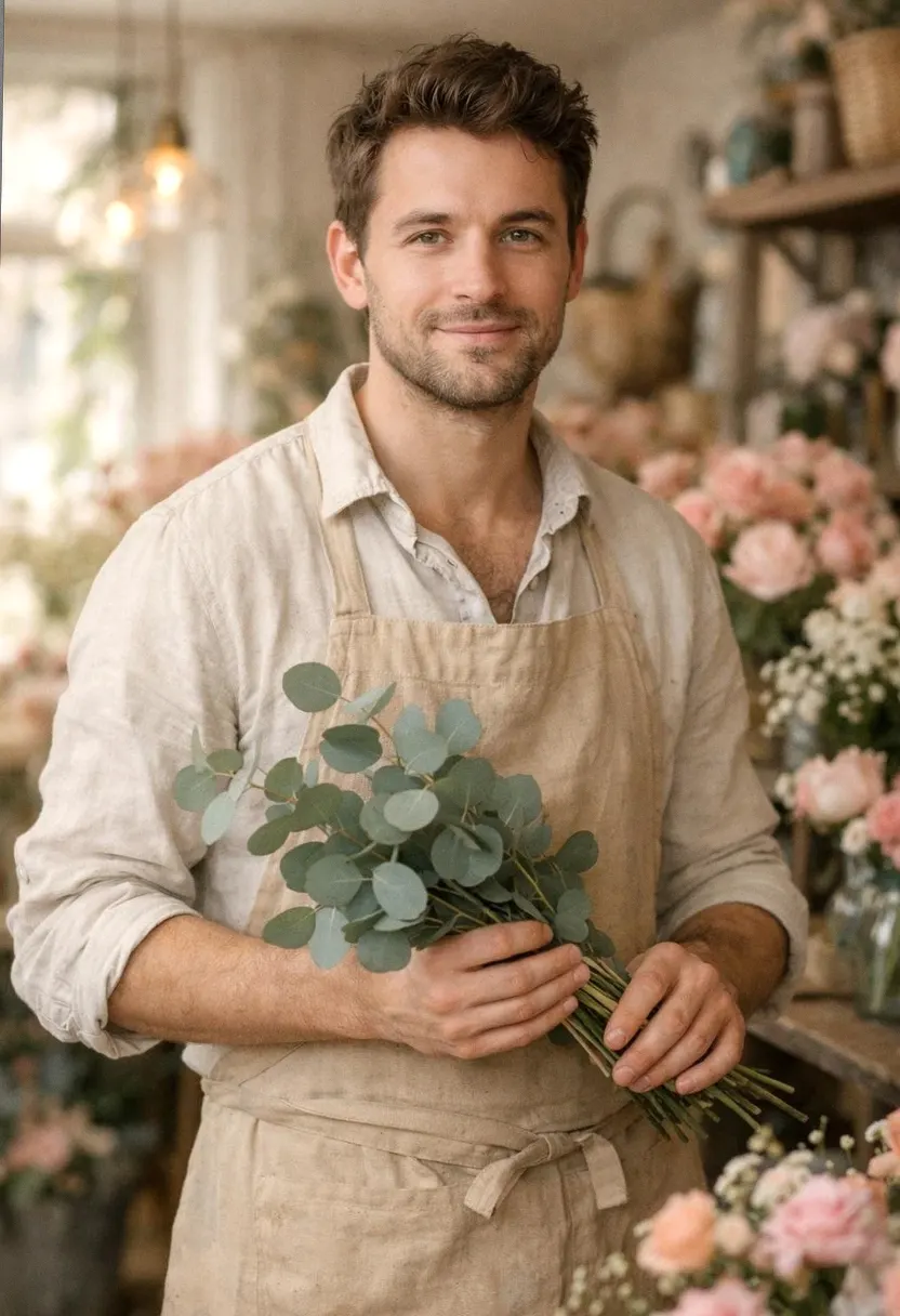 Young florist in a beige shirt and apron holding eucalyptus stems.