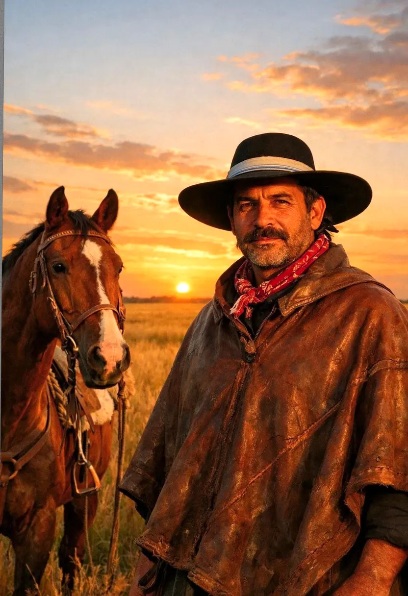 Man in a wide-brimmed hat and leather poncho beside a horse at sunset.