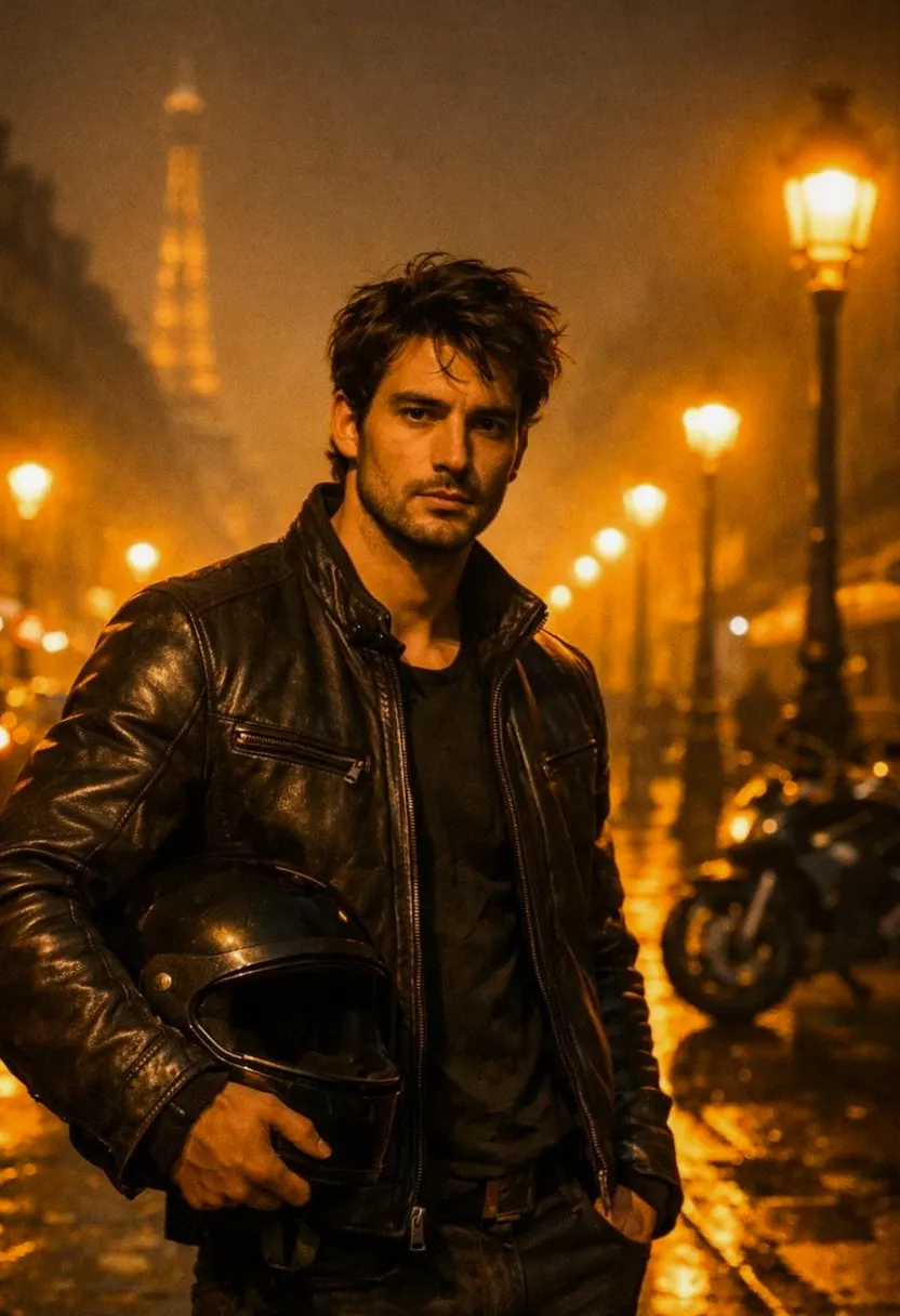 Young man in a black leather jacket holding a motorcycle helmet on a wet city street at night.