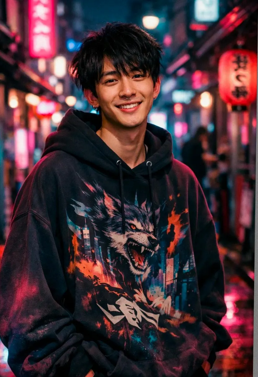 Young Asian man in an oversized hoodie on a neon-lit city street at night.