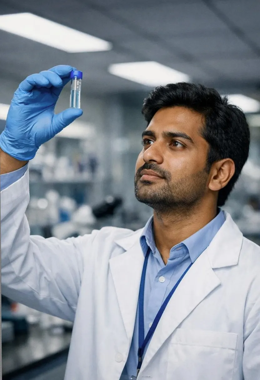 Scientist in a lab coat and gloves examining a test tube in a laboratory.