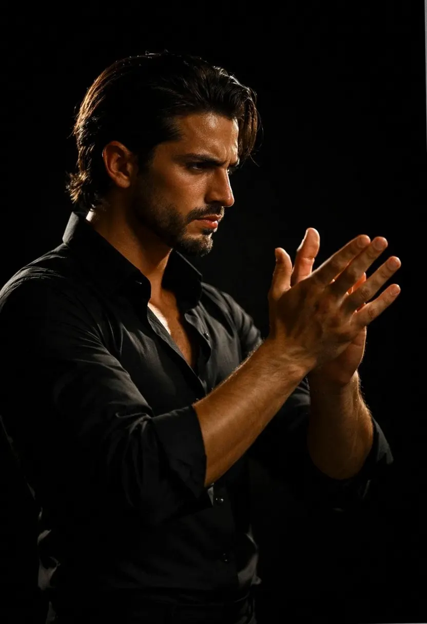 Dark-haired bearded man in a black button-up against a black background.