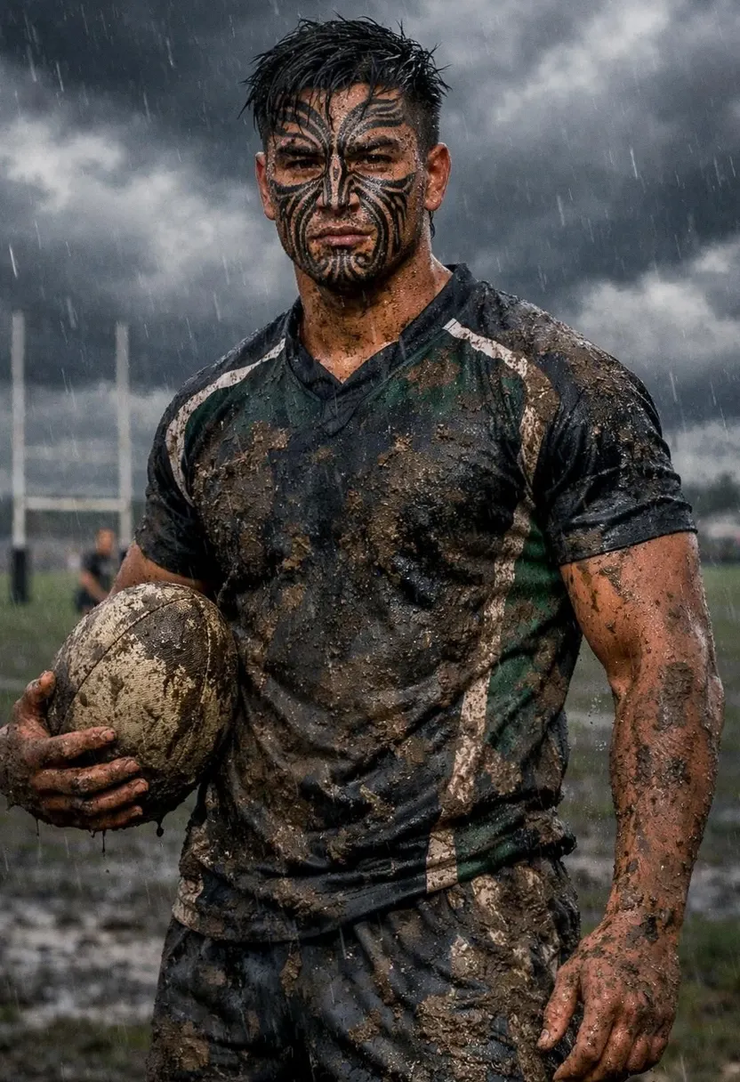 Rugby player with face paint holding a ball on a rainy field.