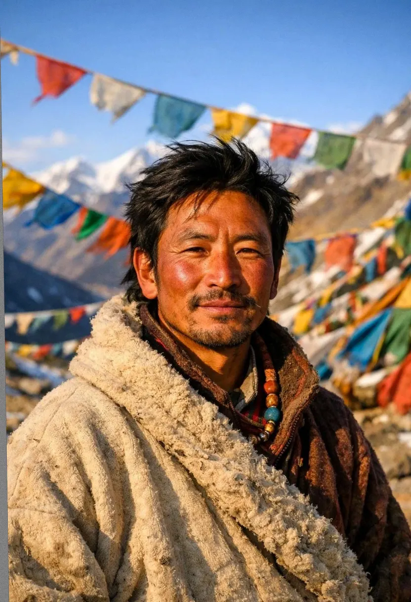 Bearded man in a wool coat with prayer flags and mountains behind him.