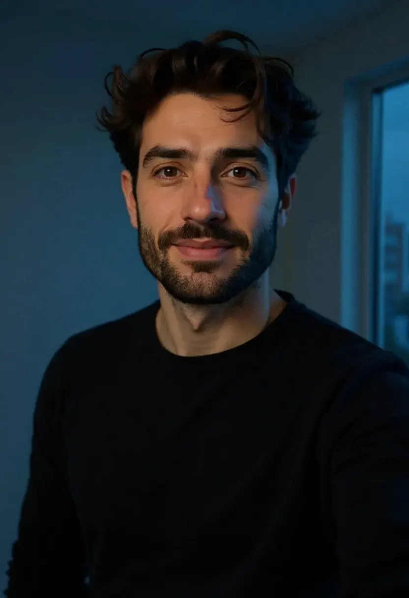 White man with hazel eyes and light stubble in a black mock-neck sweater inside a design studio.