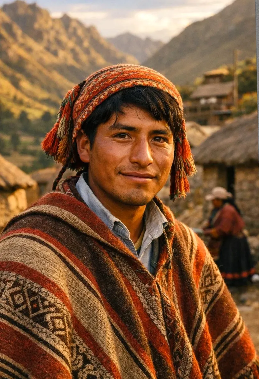 Young man in a woven poncho and hat outdoors in a rural mountain village.