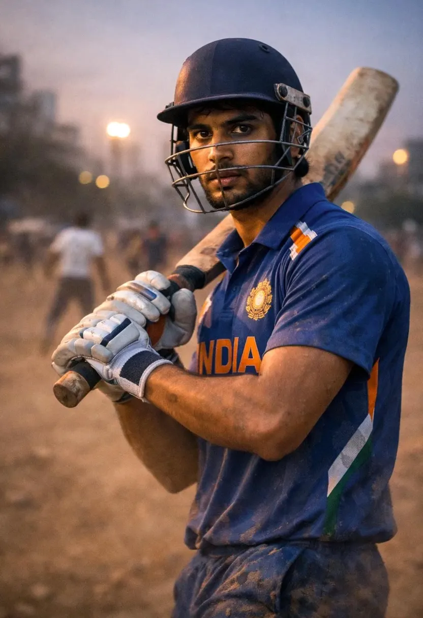 Young man in a blue cricket jersey and helmet holding a bat on a dusty field.