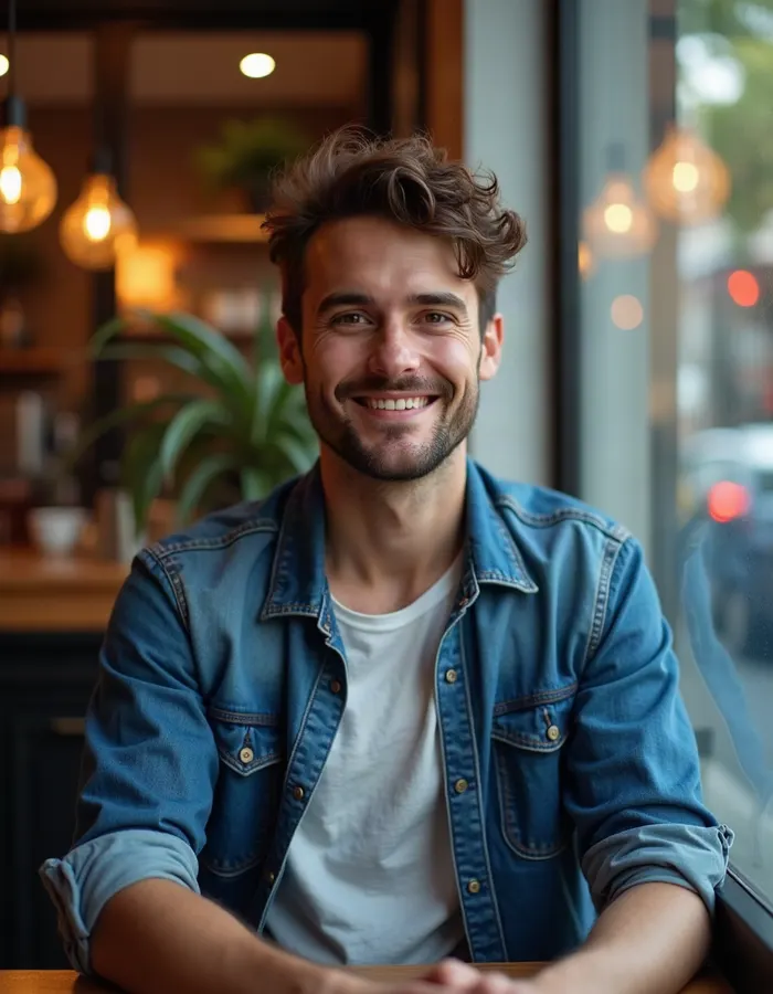 A dark-haired man taking a café selfie