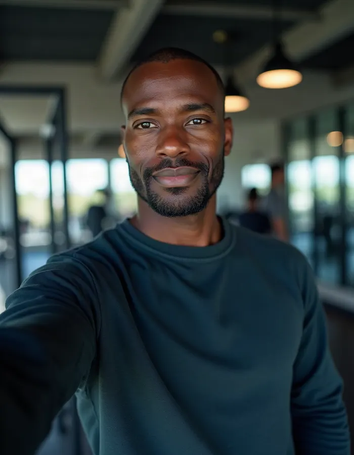 A muscular man taking a gym selfie