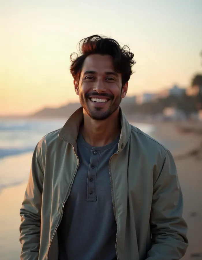 A blond man taking a selfie on a beach walk