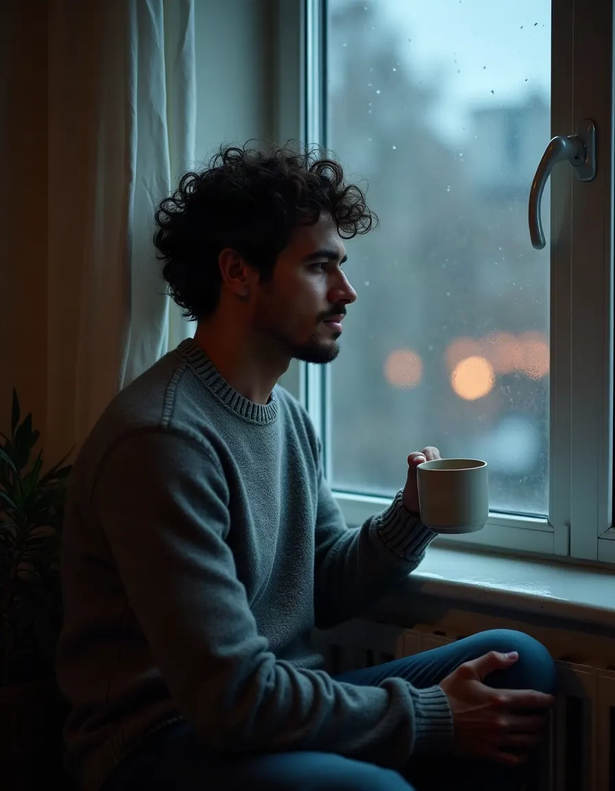 Adult man with dark curly hair sitting by a window with warm morning light