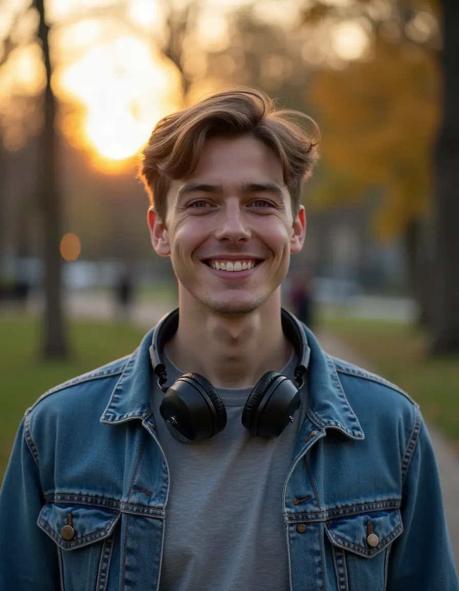 Adult man with shaved head smiling on a city sidewalk at golden hour