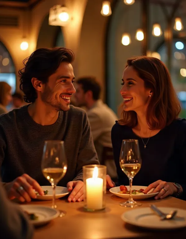 Couple laughing across a candlelit bistro table