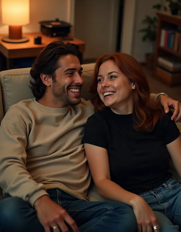 Couple sitting on a living-room floor by a record player