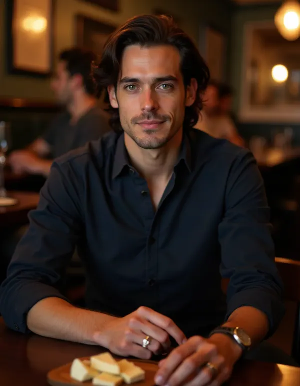 Man seated at a wine bar with a cheese board