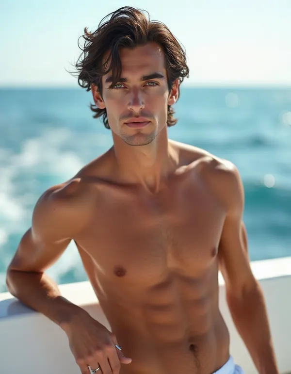Man on the bow of a boat under bright sun