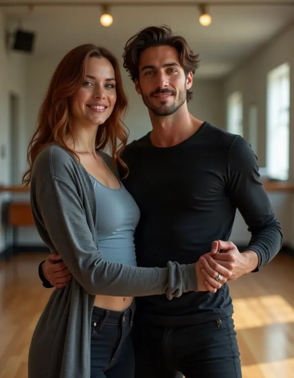 Couple reflected in a dance studio mirror