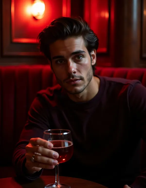 Man inside a speakeasy cocktail bar holding a glass