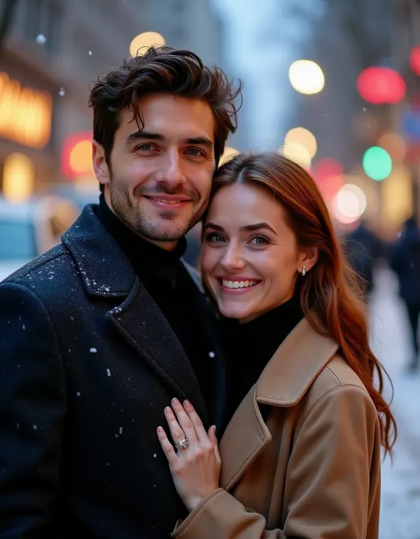 Couple on a city street during first snowfall
