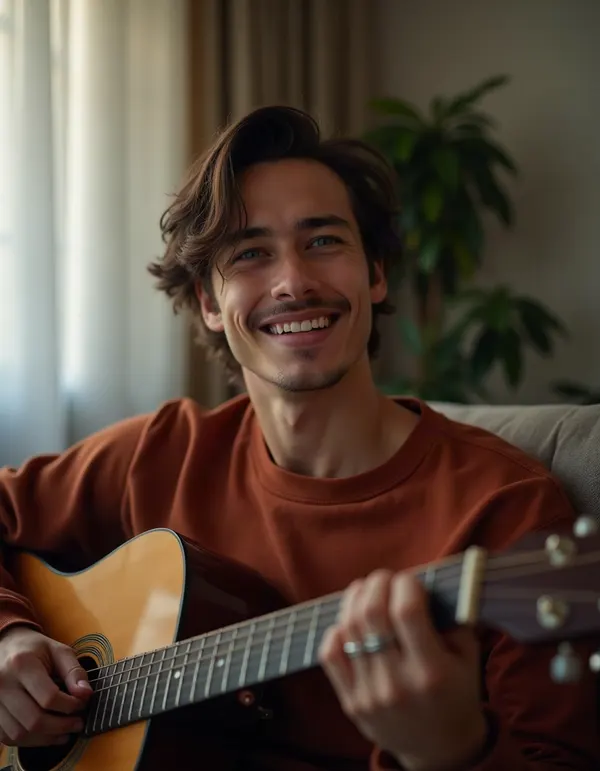 Man with a guitar on a sofa at home