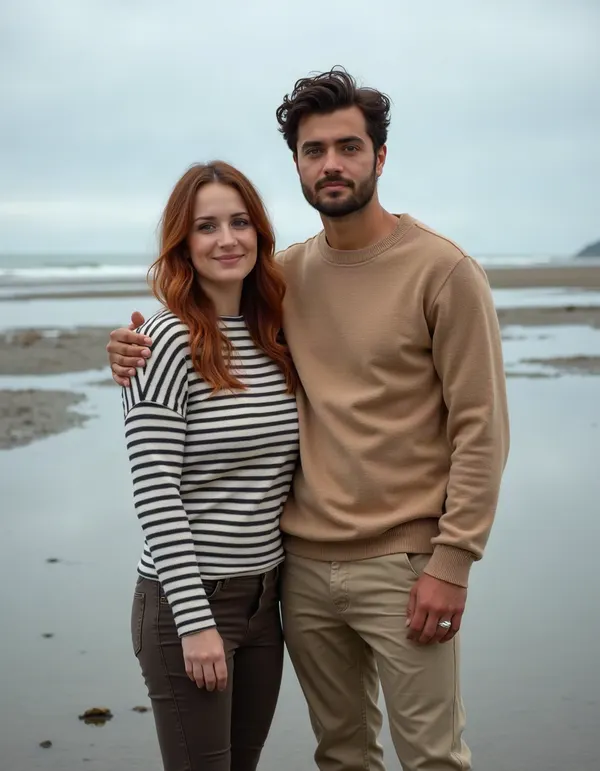 Couple standing in tide pools on a cloudy coast