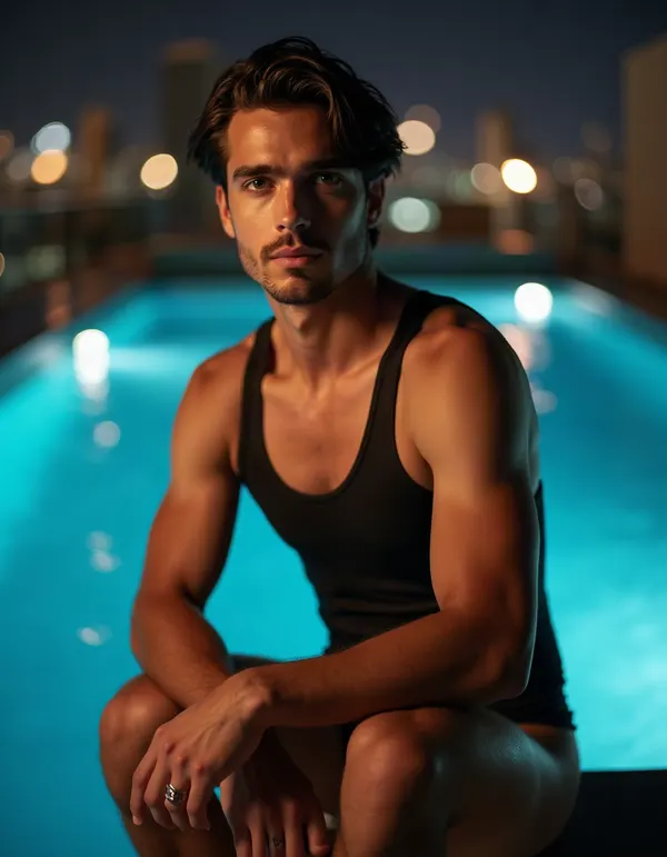 Man on a rooftop pool deck at night
